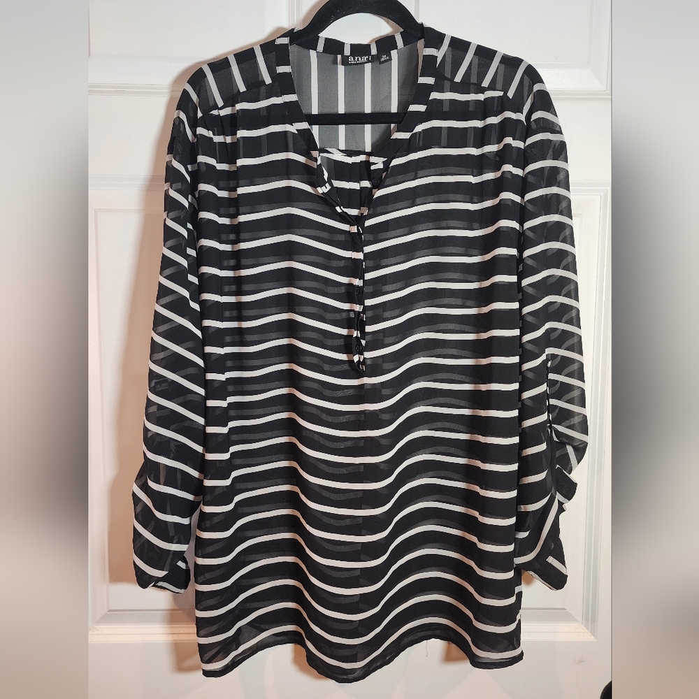 A.n.a Black And White Striped Sheer Long Sleeve Blouse 3X